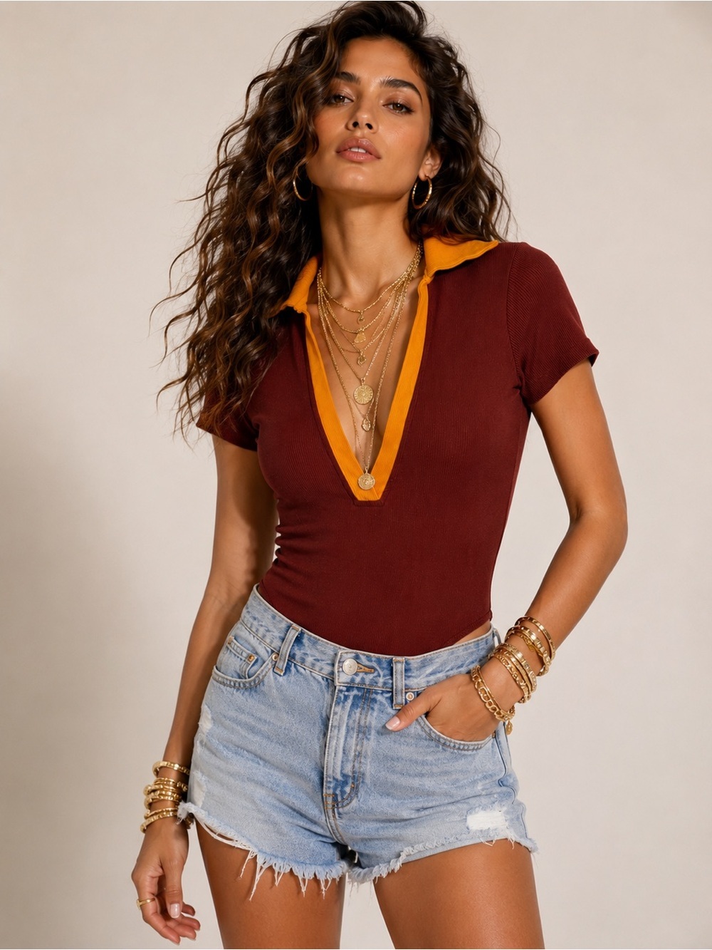 URBAN OUTFITTERS Ribbed Polo Bodysuit Rust Mustard Y2K Baby Tee small